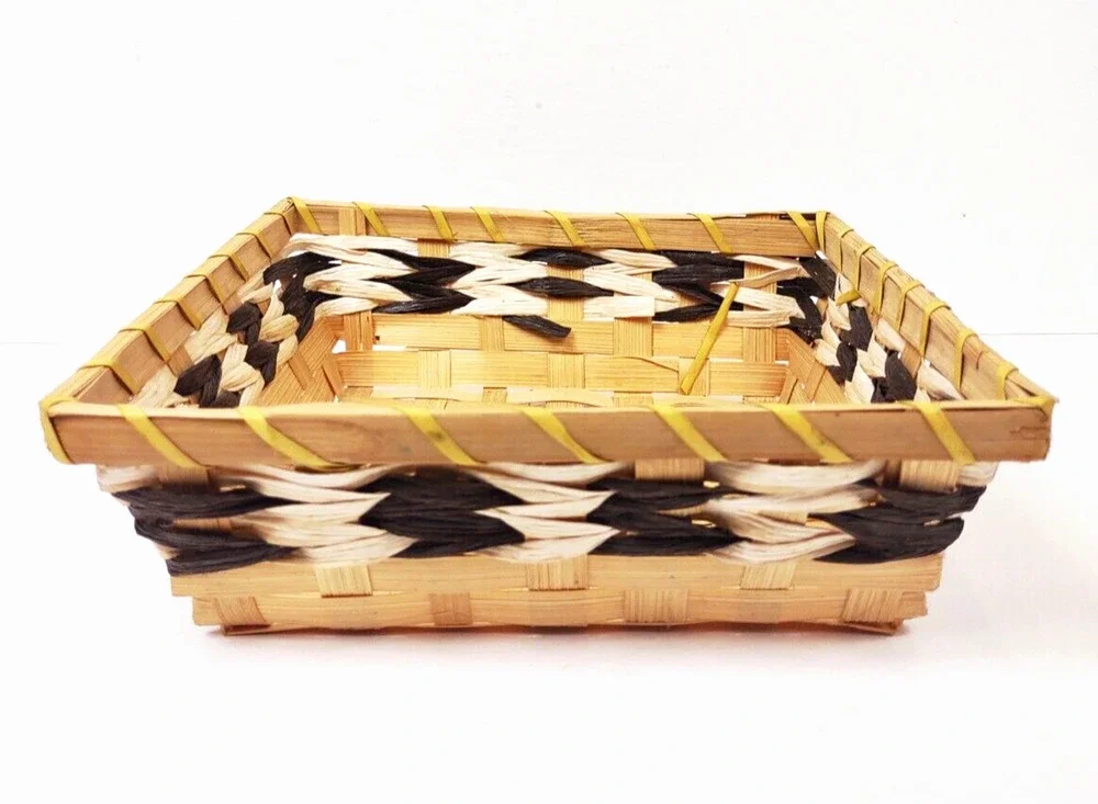Small Square 2 Tone Woven Basket Brown and White Accents Decorative Trim 8.5